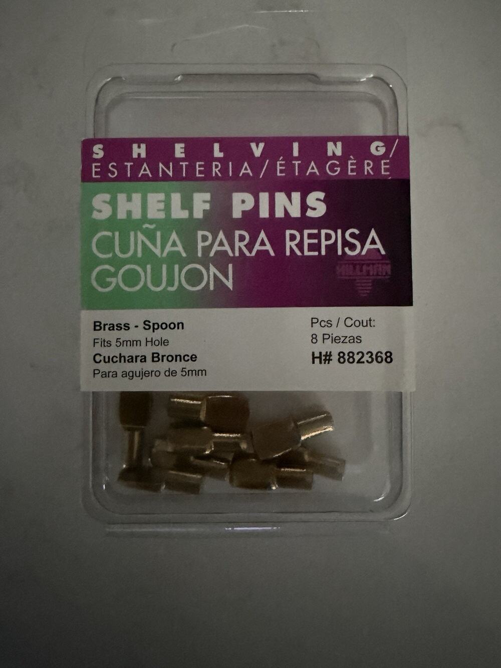 Hillman 8-Pack Brass Flat Spoon Shelf Pins, Fits 1/4” Hole